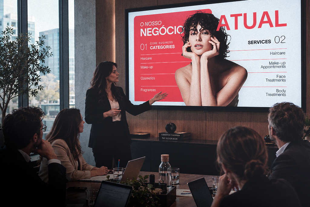 Profissional a apresentar as categorias de negócio e serviços de uma empresa durante uma reunião comercial.