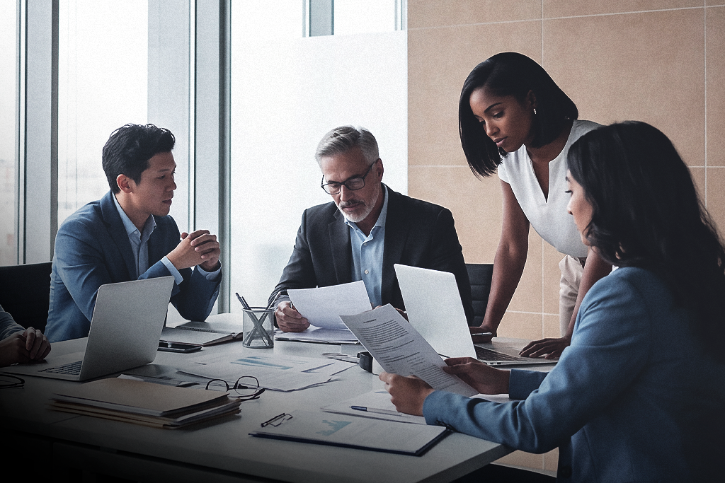 Quatro profissionais numa reunião empresarial a analisar documentos e informação numa mesa de trabalho.
